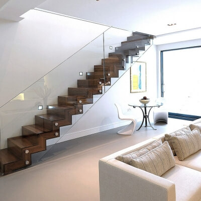 Straight Glass Staircase In Living Room