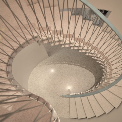 Downstairs view of helical Belgravia staircase